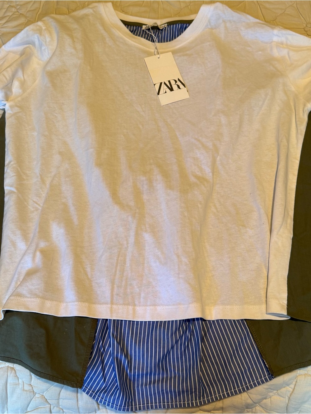 ZARA White Tee with Navy Blue Pinstripe Back Panel